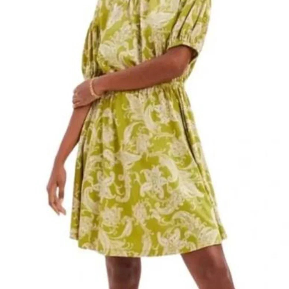 Anthropologie Daily Practice Green Paisley‎ Puff Sleeve Pocket Dress